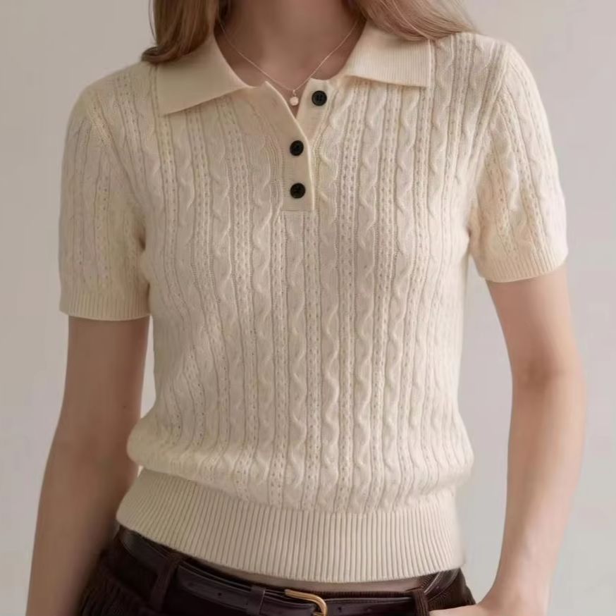 Women Fashion Styles - Polo en maille torsadée style décontracté