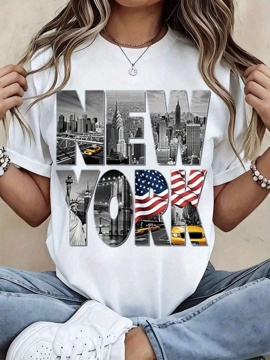 Women'S Fashion York - T-shirt à motif drapeau américain et