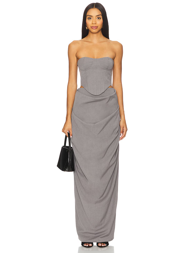 Corset Top Boned - Robe longue grise élégante à épaules