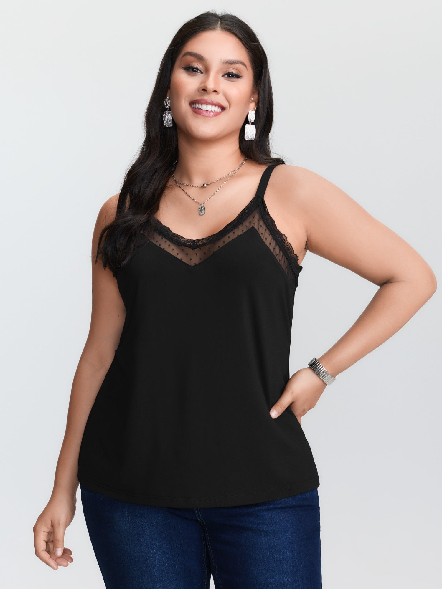 V Neck Cami Top - Débardeur en maille noire grande taille,